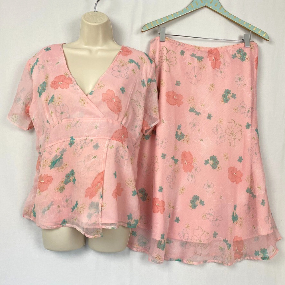 Vtg 90s Floral Skirt Top Set XL Womens Pink Floral Babydoll Cottagecore Jaquline